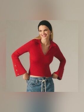 Maeve by Anthropologie Ribbed V-Neck Sweater with Flared Button Cuffs